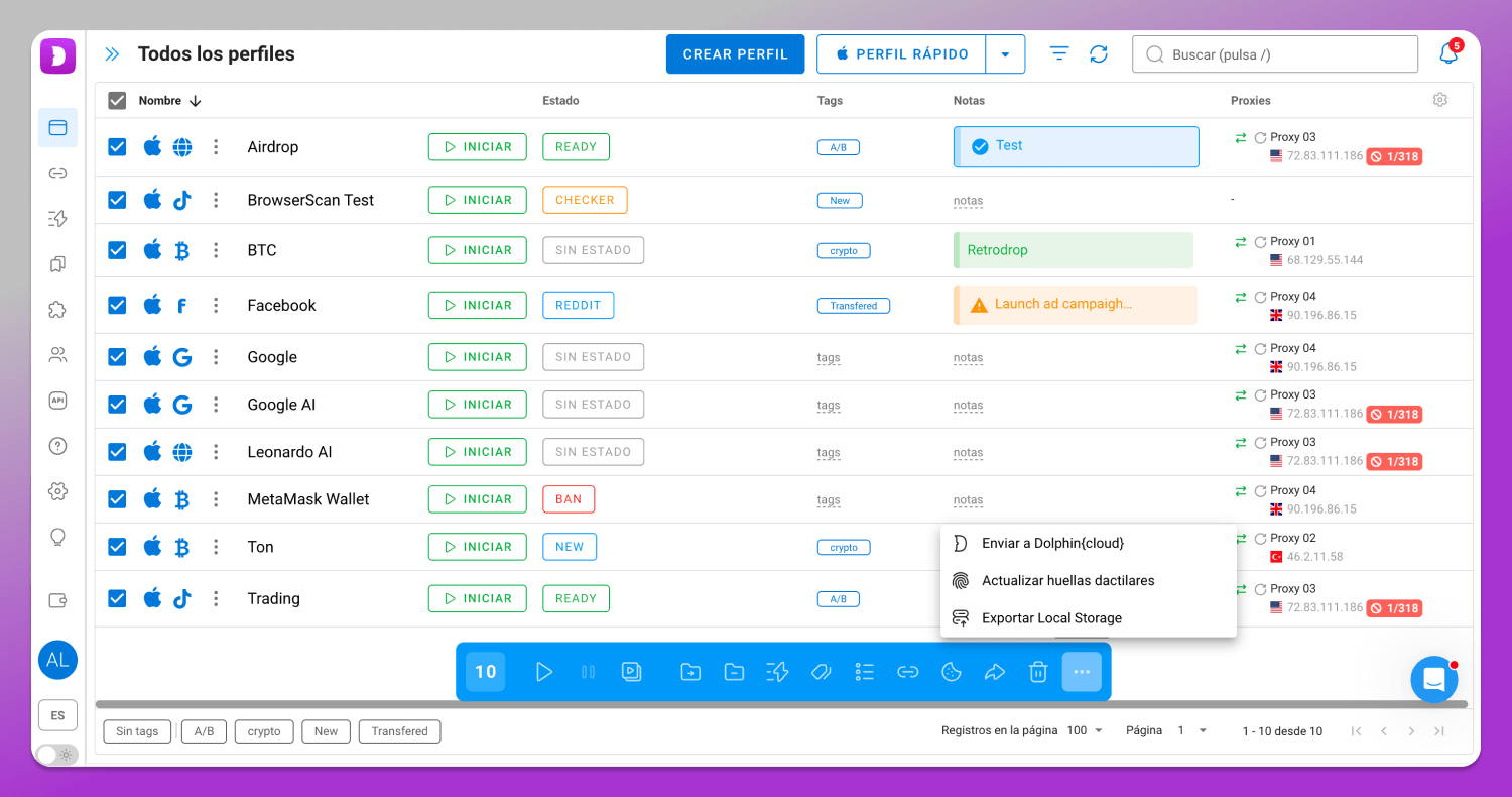 Bulk actions Dolphin Anty