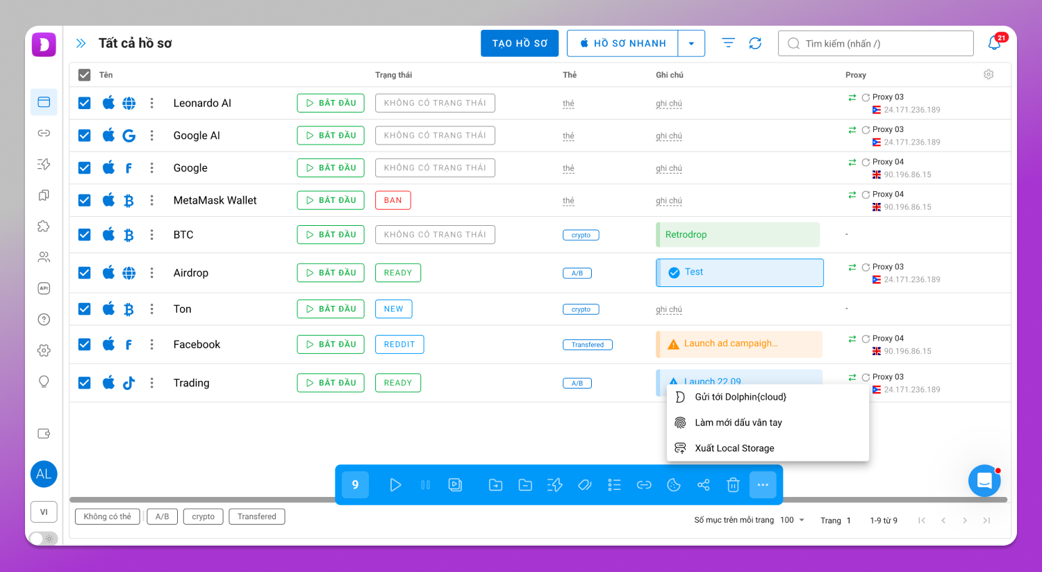 Bulk actions panel Dolphin Anty