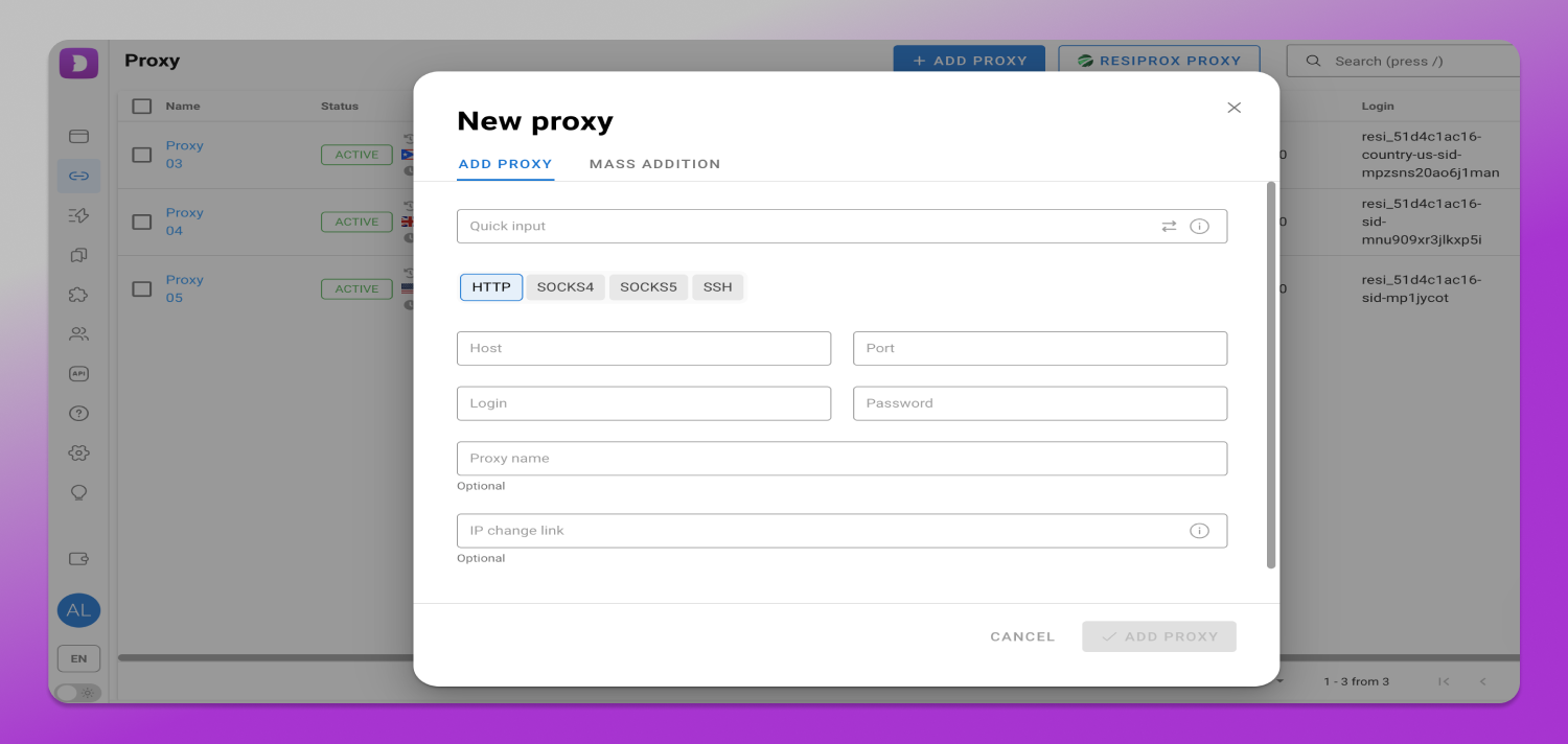 Dolphin Anty Proxies section with credentials pasted in the quick input field