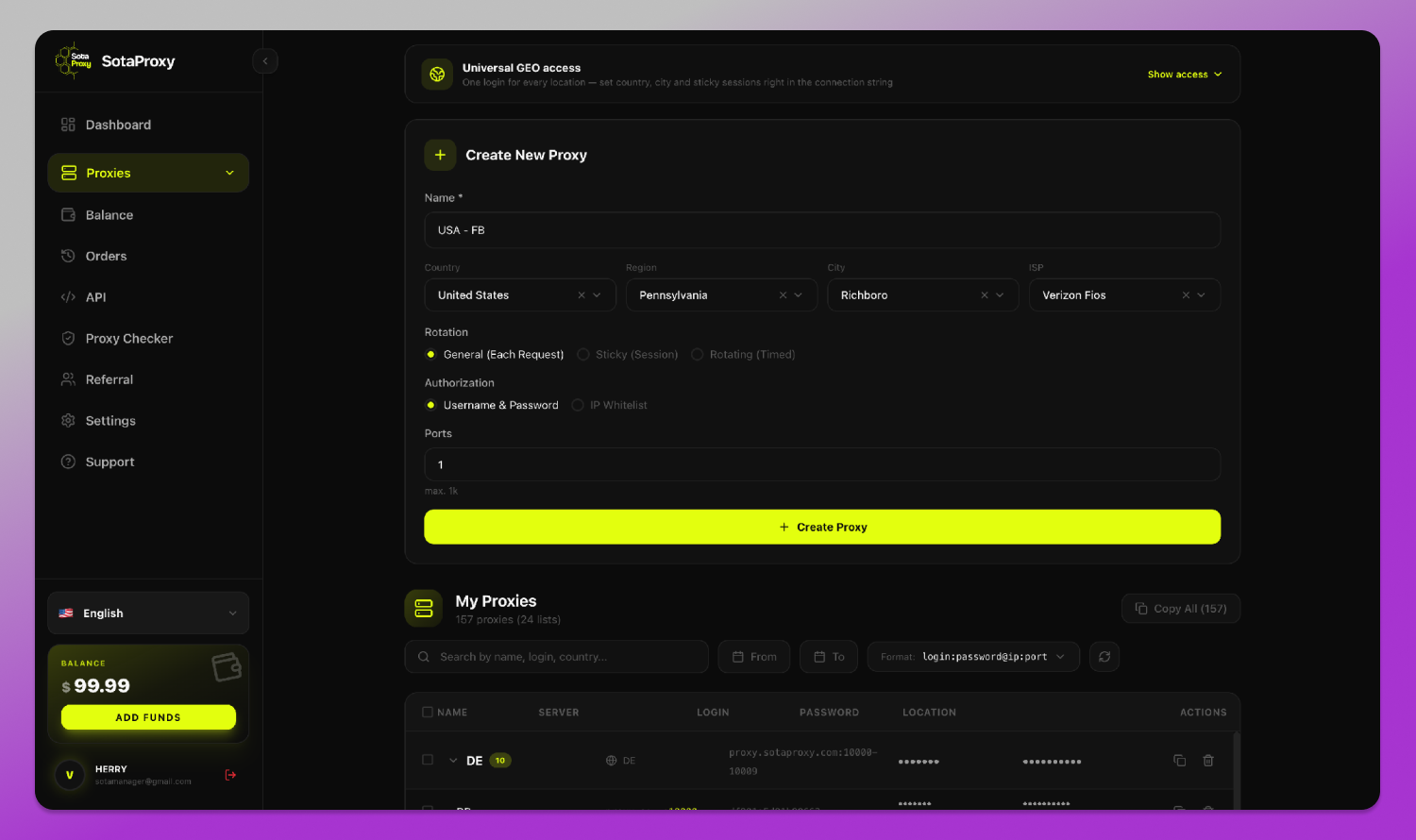 SotaProxy Create proxy Dolphin Anty