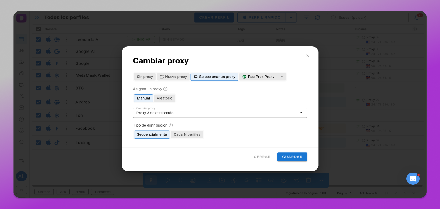 Panel de acciones masivas de Dolphin Anty con la opción Change Proxy seleccionada