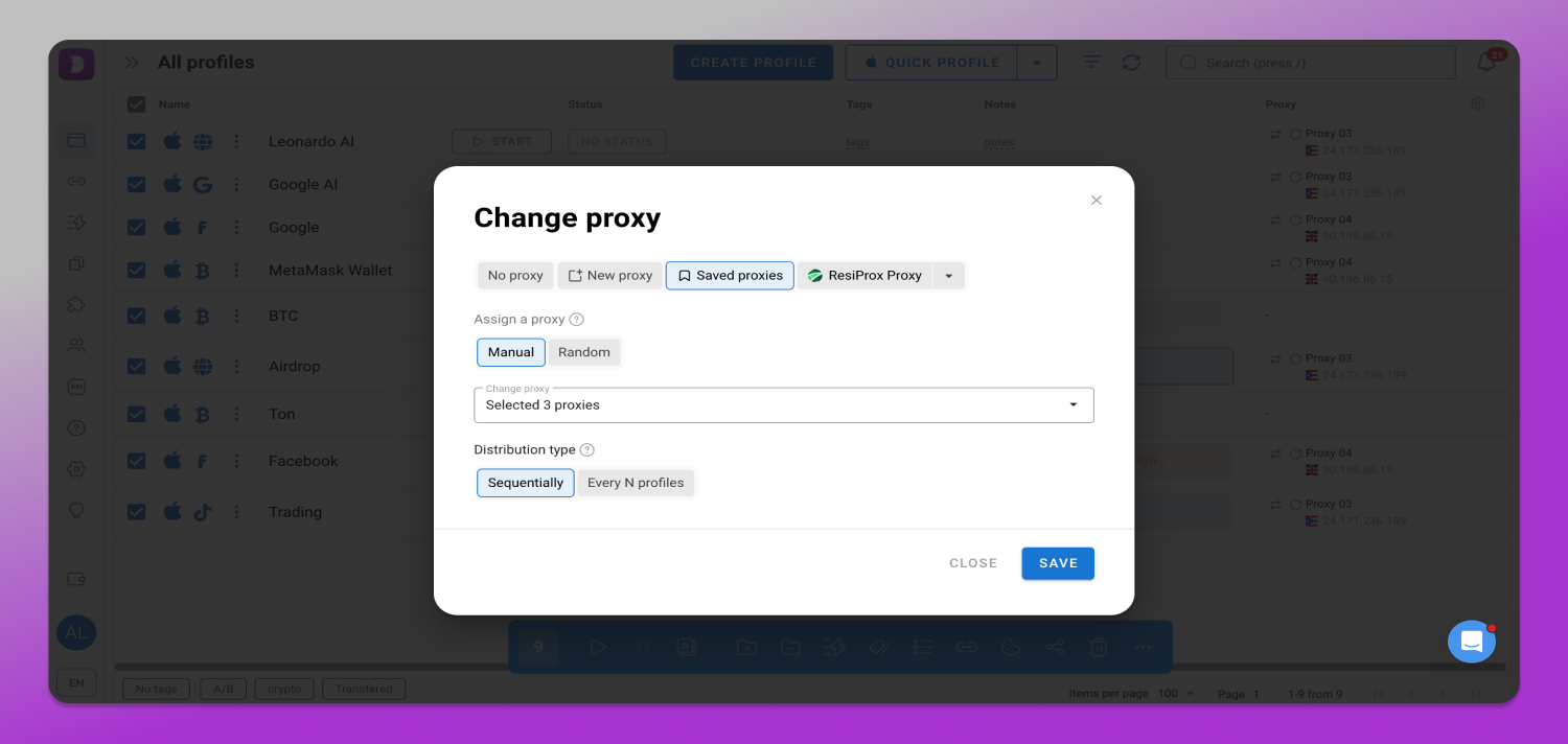 Dolphin Anty bulk actions panel with the Change Proxy option selected