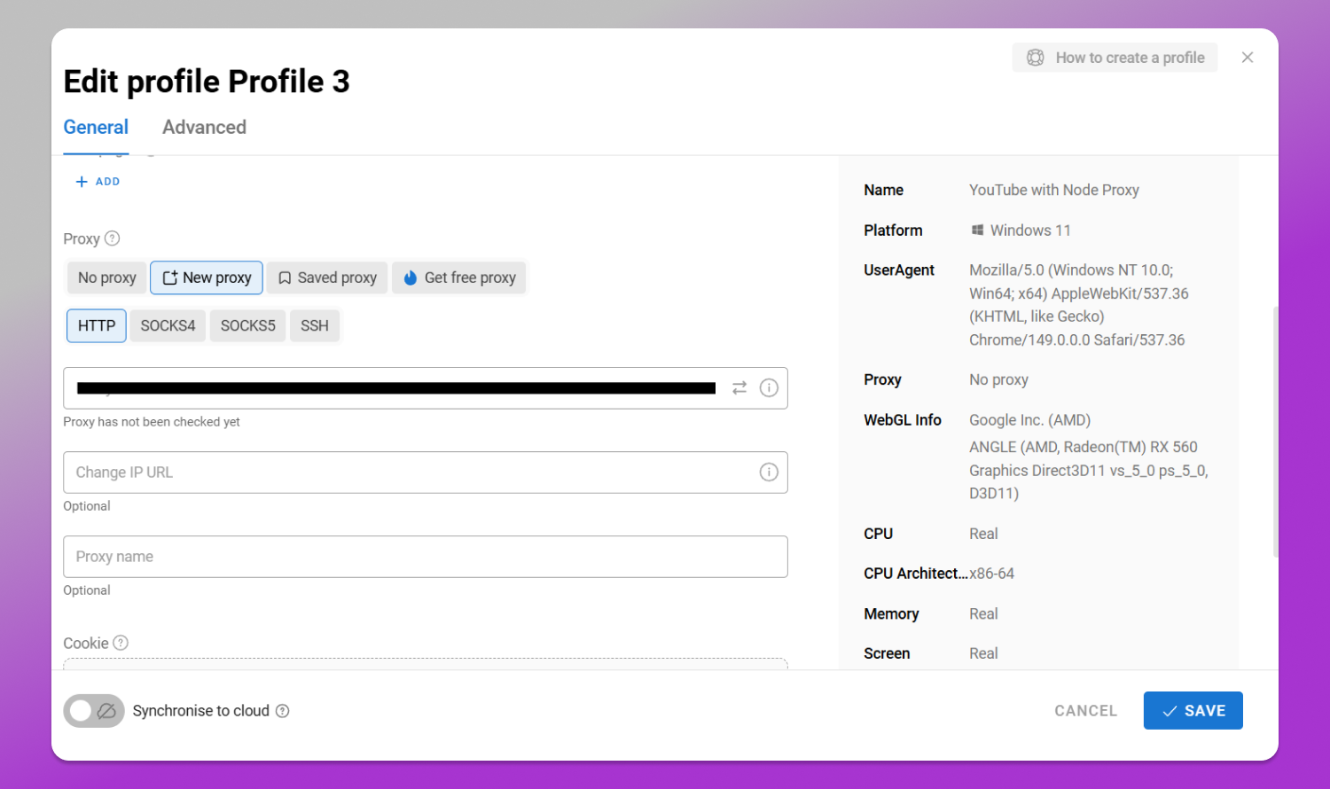 Configuring a Node Proxy IPv4 proxy in a Dolphin Anty profile