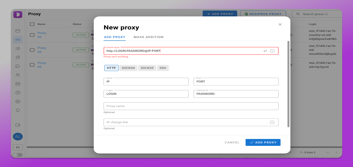 Dolphin Anty showing the Error checking connection to proxy message